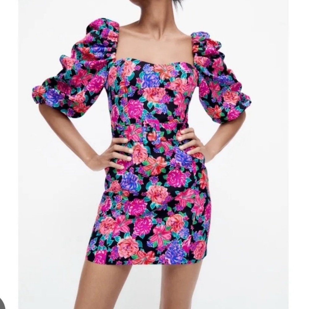 Zara Pink and Blue Puff Sleeve Bodycon Mini Dress
